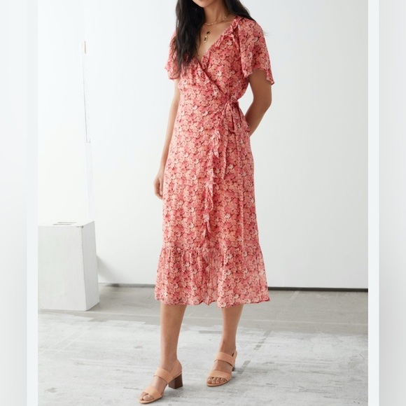 & Other Stories Pink Floral Ruffle Midi Dress Size 8 - Picture 1 of 13